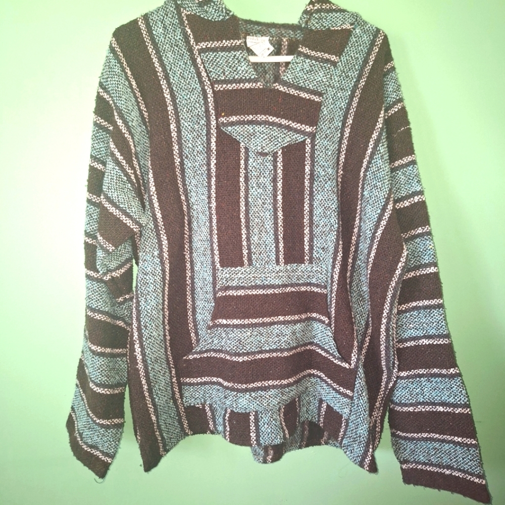 Franks Hippie Surfer Drug Rug‎ Mexican Baja Hoodie L Large Brown Teal Vintage